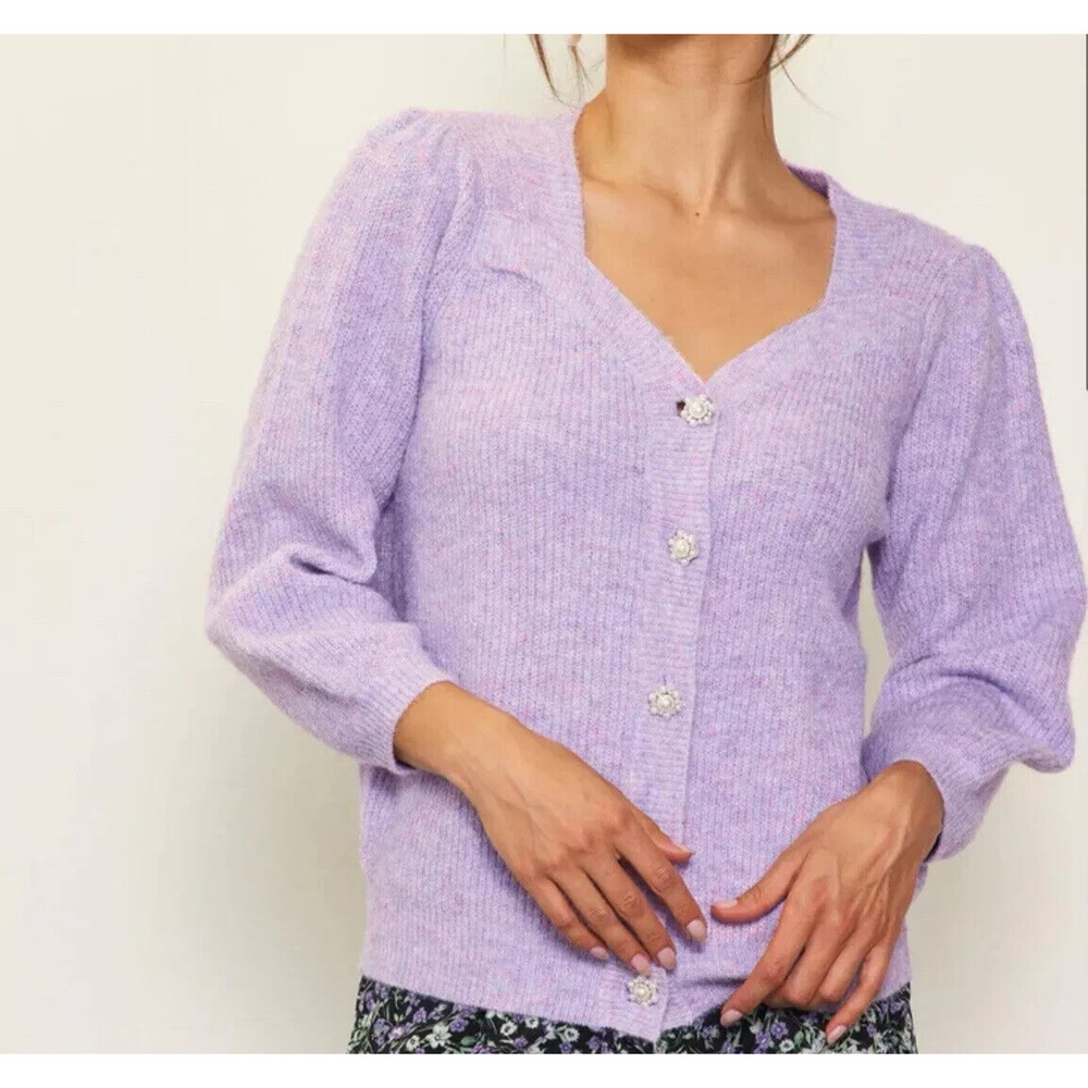 Skies Are Blue Lilac Jewelry Button Puff Sleeve Cardigan Sweater Size Large Soft